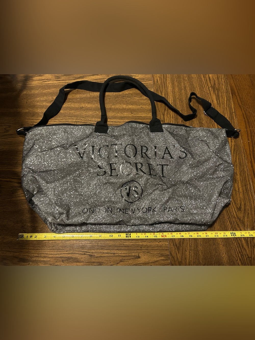 Victoria's Secret Glitter Silver Duffle with Black Straps